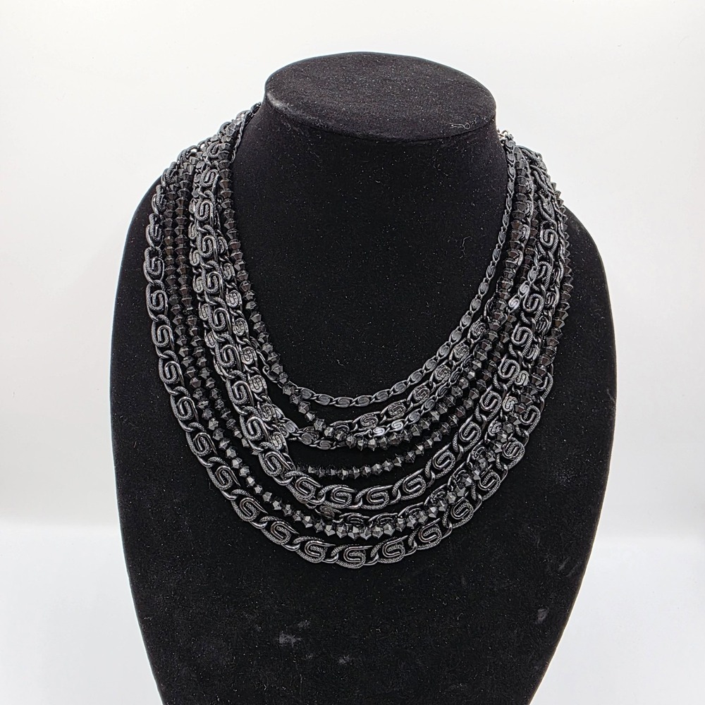 Vintage Womens Multi Strand‎ Snail Cable Statement Black Beads Necklace 23"